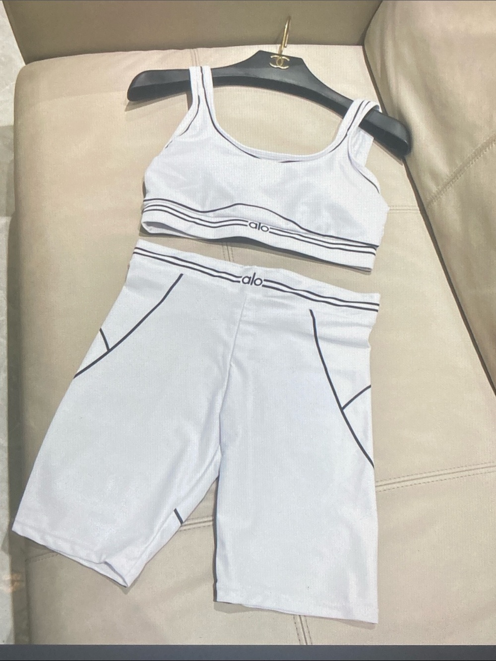 Alo Yoga White Matching Set Sports Bra + High Waist Biker Shorts